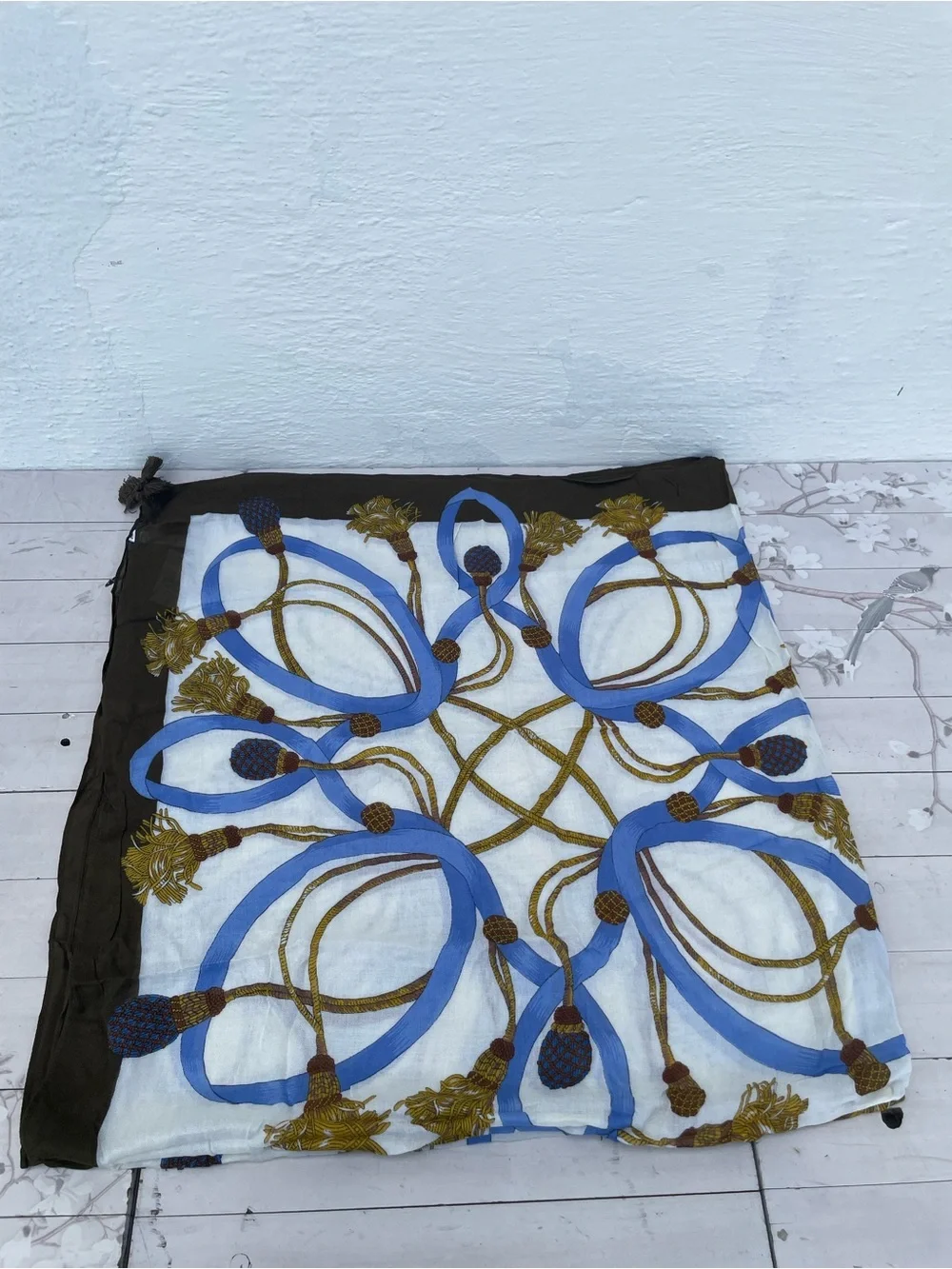 Talbots Blue, White and Brown Silk-Blend Decorative Scarf